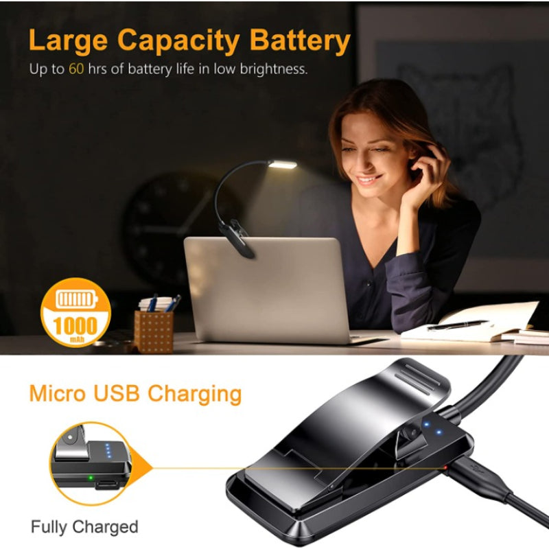 9 LED USB Rechargeable Reading Light for Bed - Eye-Friendly, Dimmable Clip-On Lamp