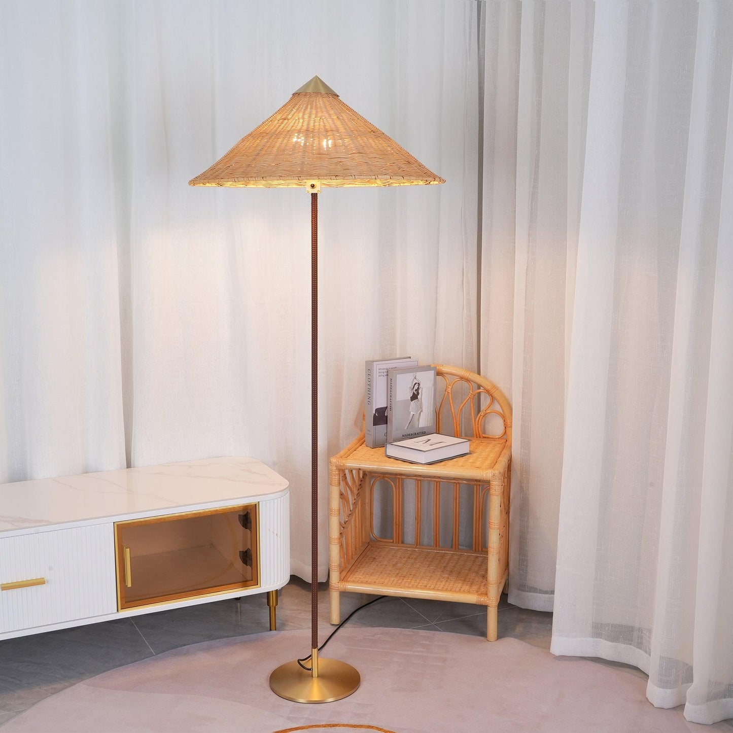 Tynell Floor Lamp with Rattan Shade and LED Bulb