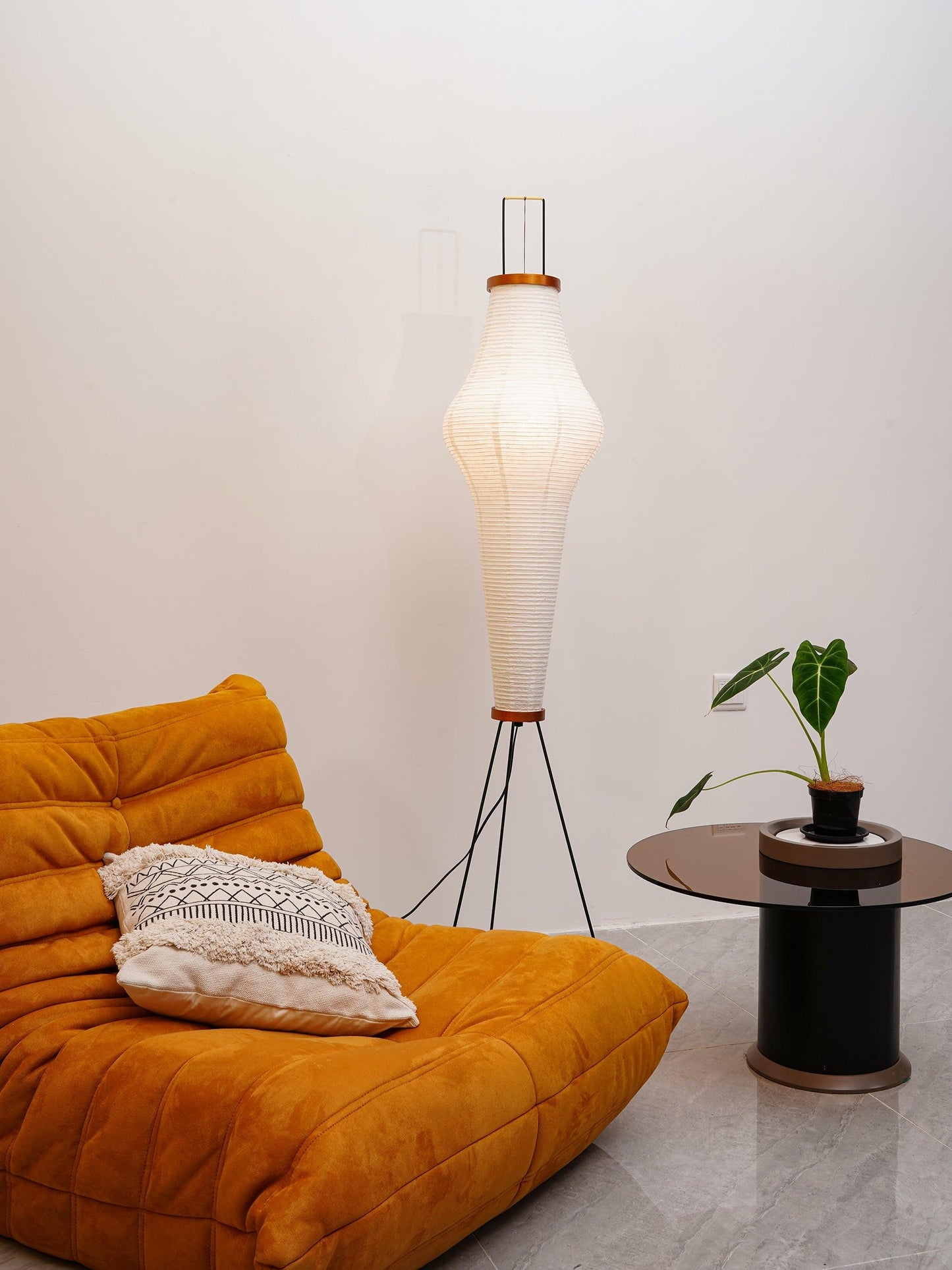 Rice Paper Floor Lamp - Indoor LED Lantern Design, Black