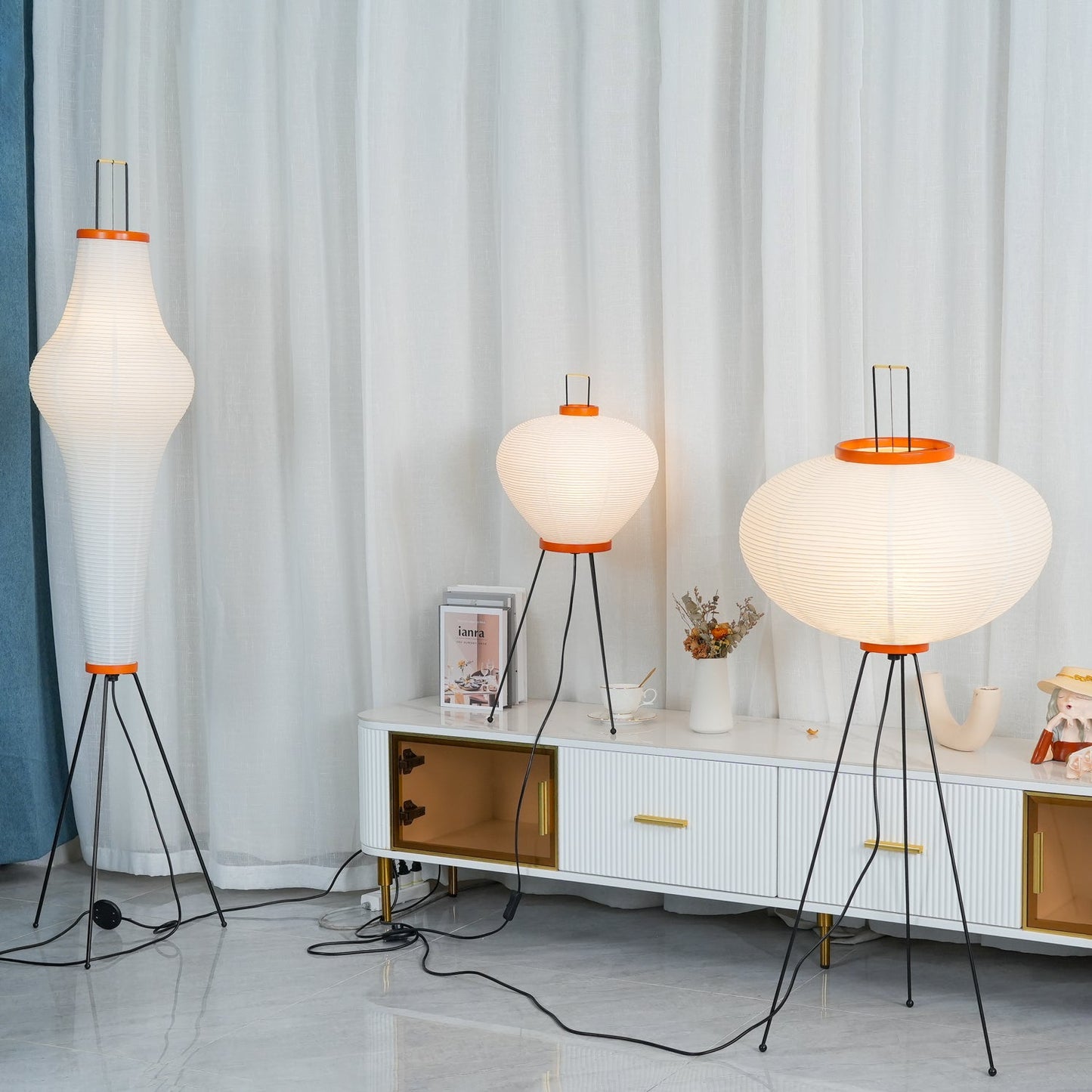 Rice Paper Floor Lamp - Indoor LED Lantern Design, Black