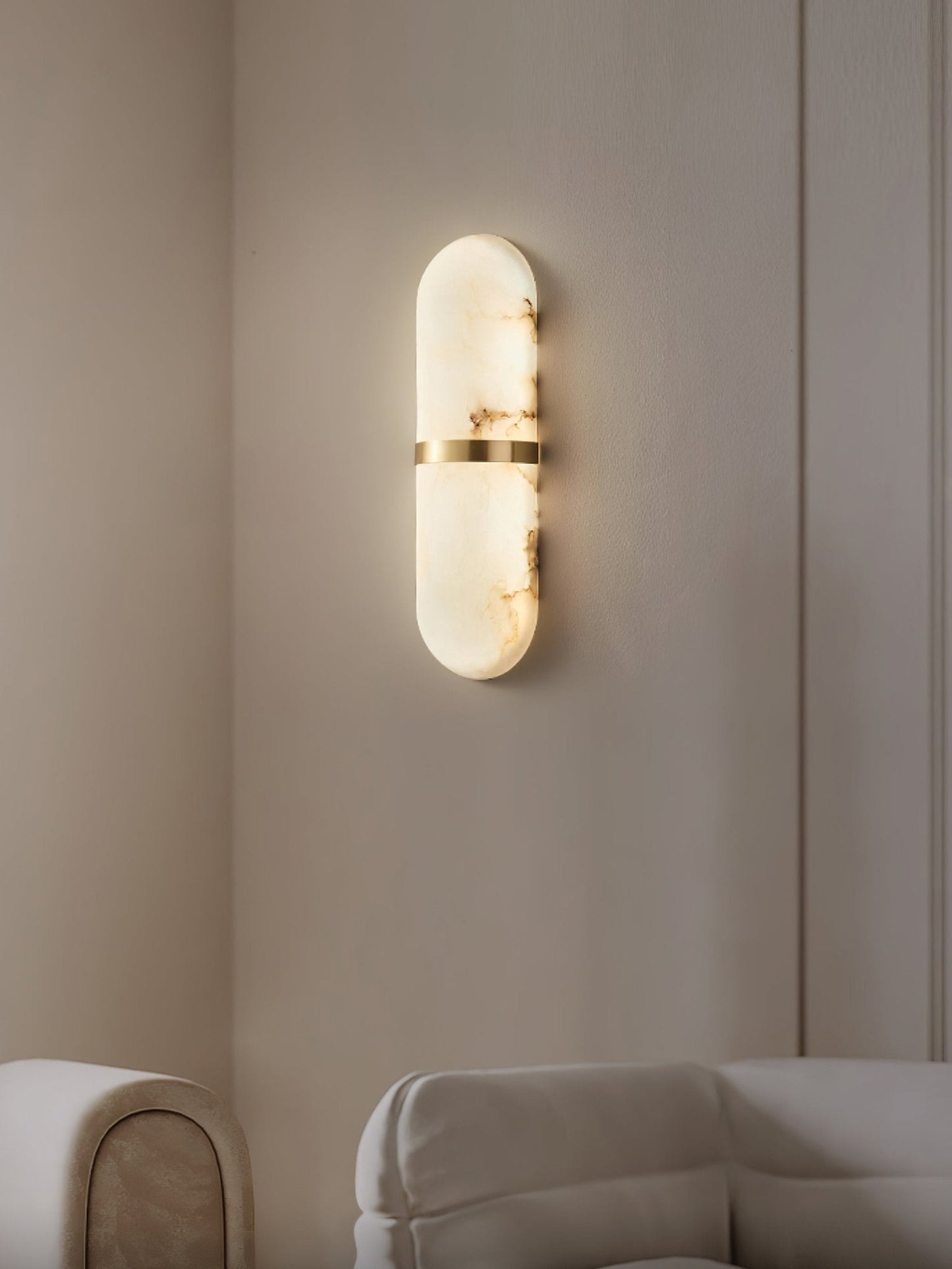 Alabaster Pill Wall Light with Dimmable LED and Metal Finish