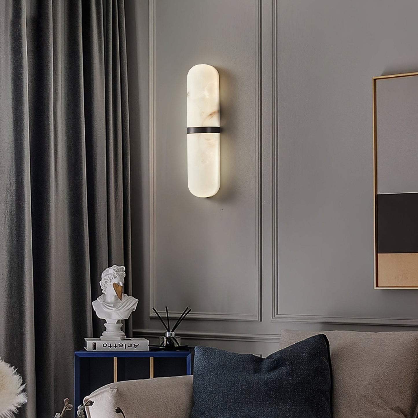 Alabaster Pill Wall Light with Dimmable LED and Metal Finish