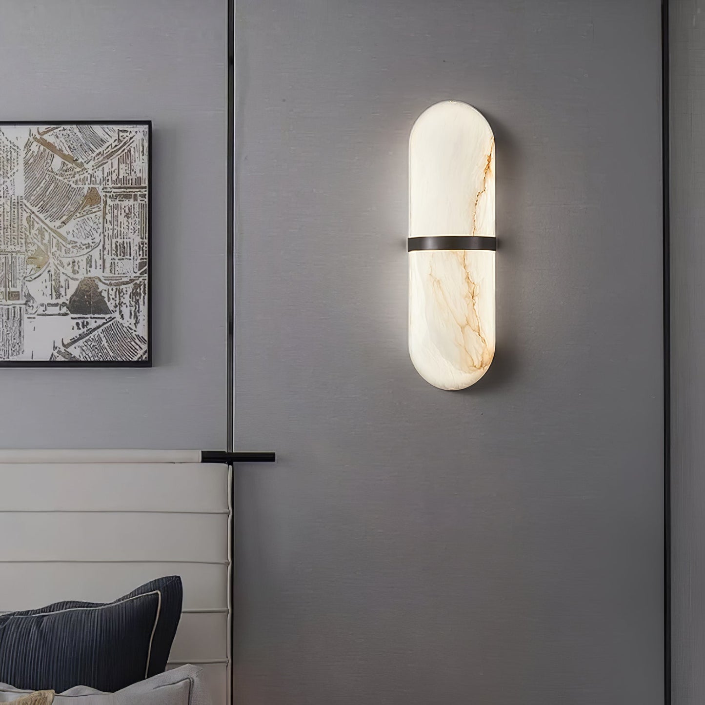 Alabaster Pill Wall Light with Dimmable LED and Metal Finish