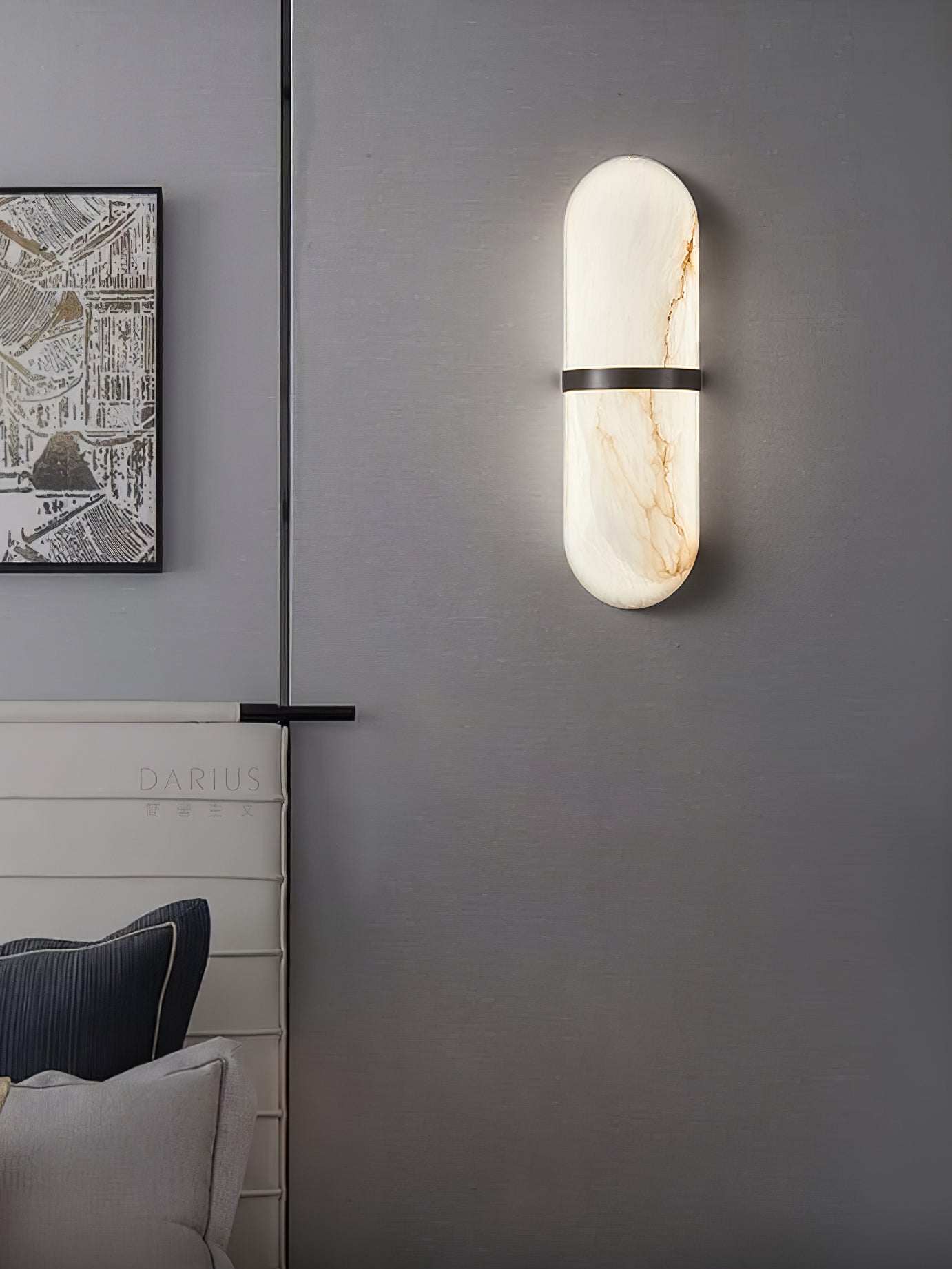 Alabaster Pill Wall Light with Dimmable LED and Metal Finish