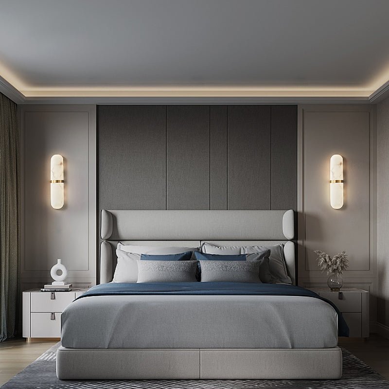 Alabaster Pill Wall Light with Dimmable LED and Metal Finish