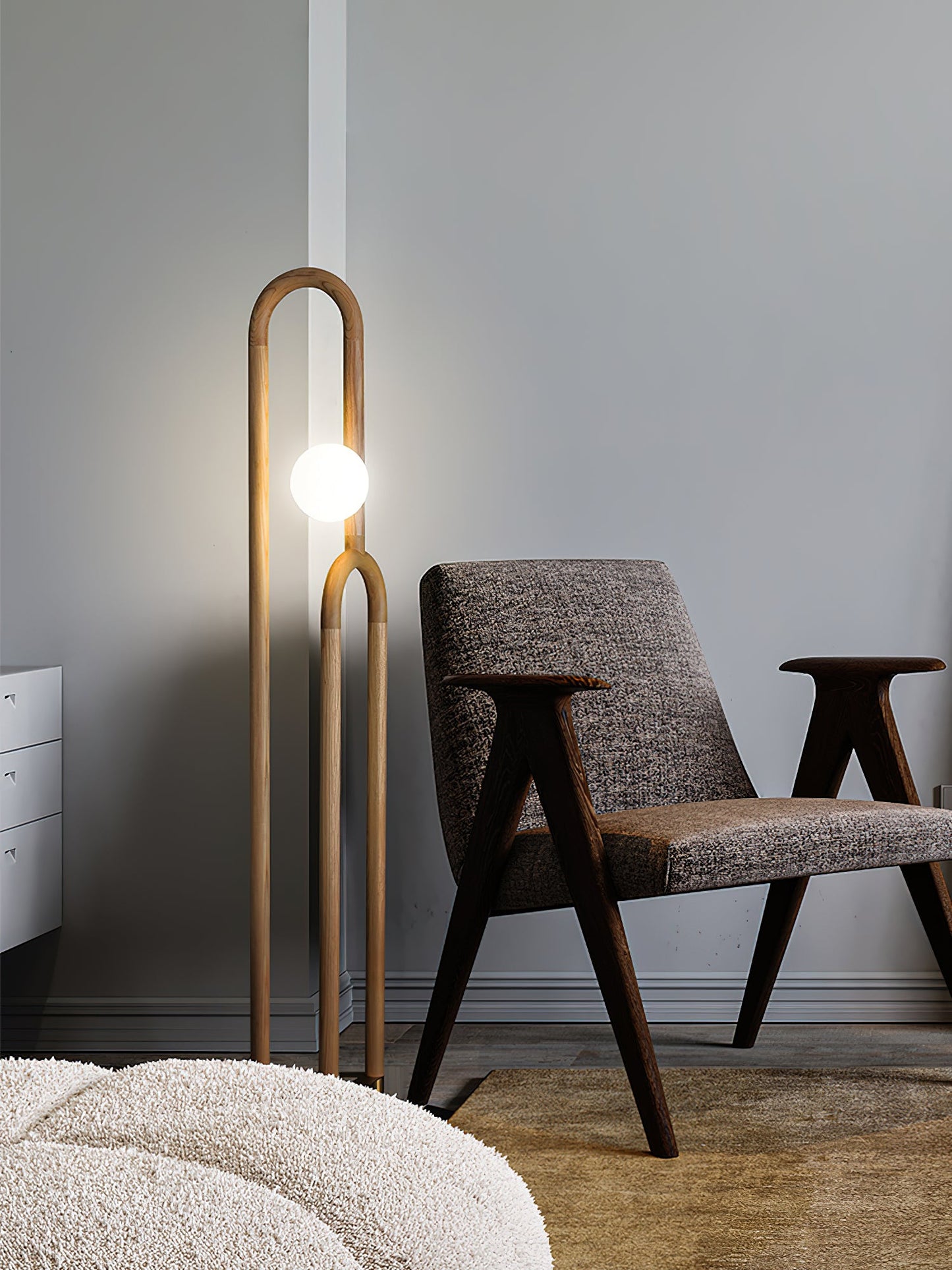 Arc N Floor Lamp with LED Light - Modern Wooden Design
