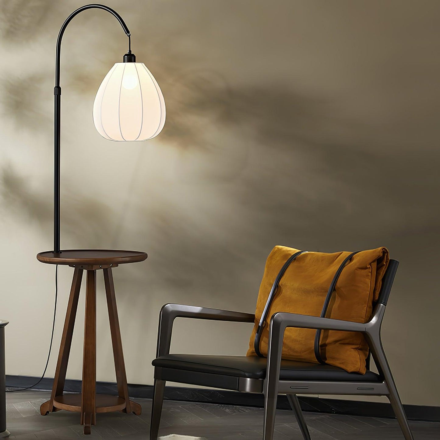 Arc Side Table Floor Lamp with LED Shade - Black Metal & Wood