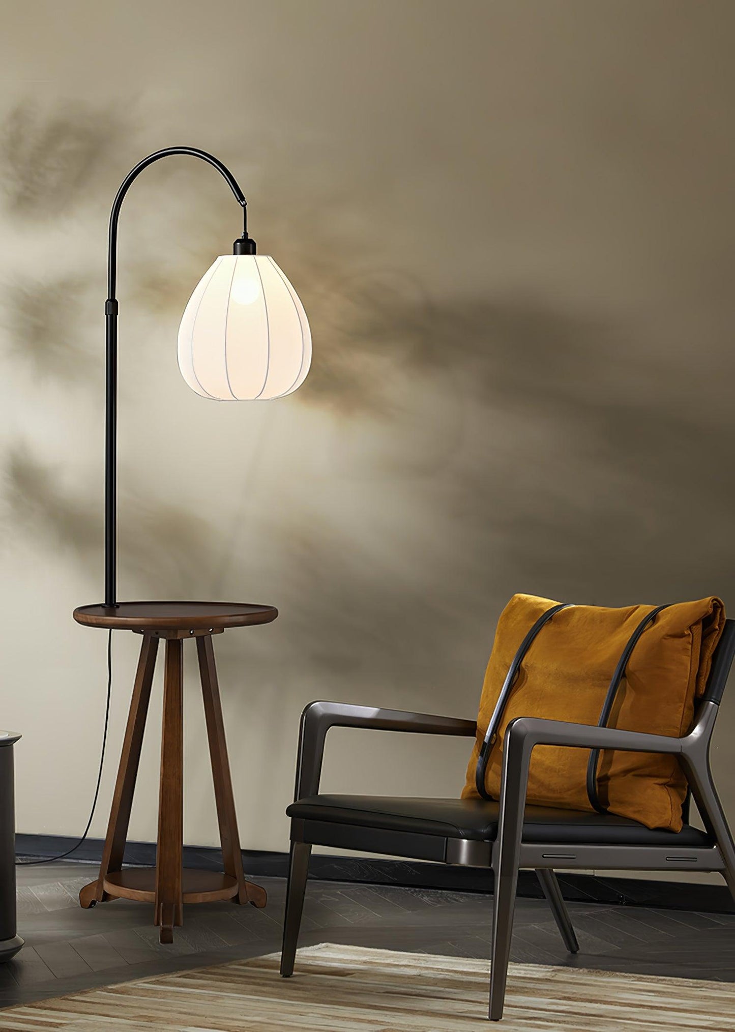 Arc Side Table Floor Lamp with LED Shade - Black Metal & Wood