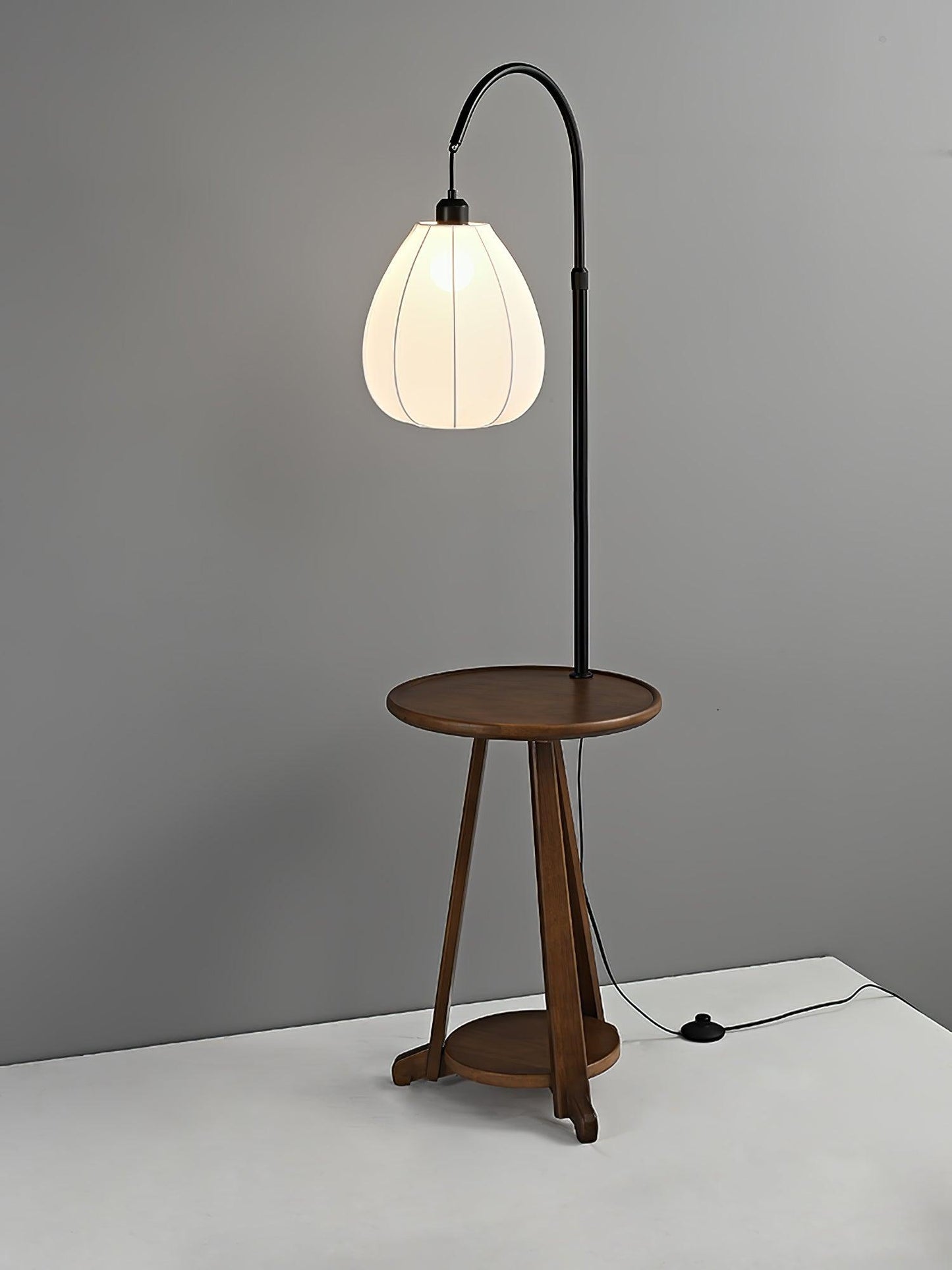 Arc Side Table Floor Lamp with LED Shade - Black Metal & Wood