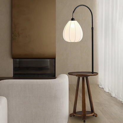 Arc Side Table Floor Lamp with LED Shade - Black Metal & Wood