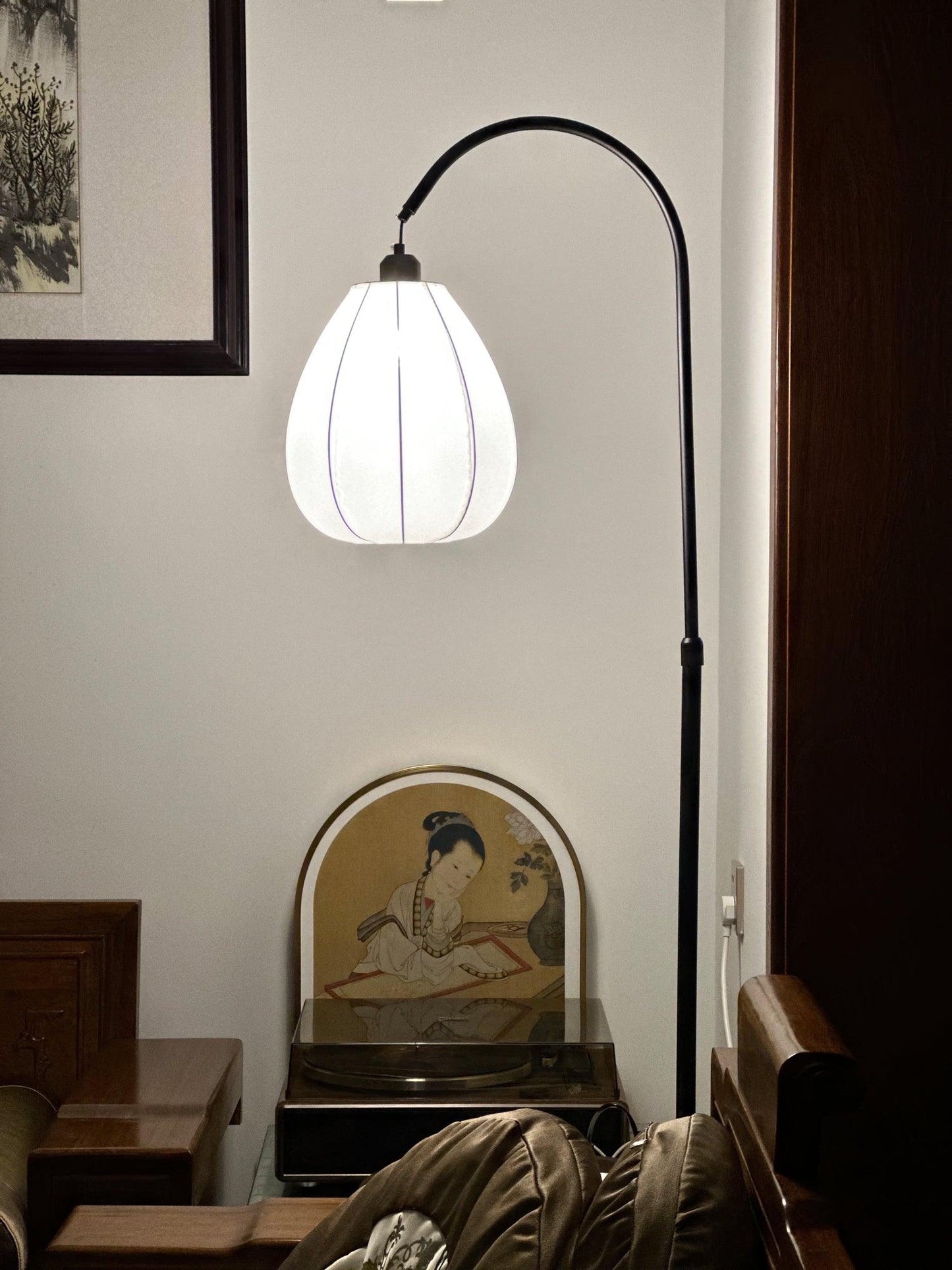 Arc Side Table Floor Lamp with LED Shade - Black Metal & Wood