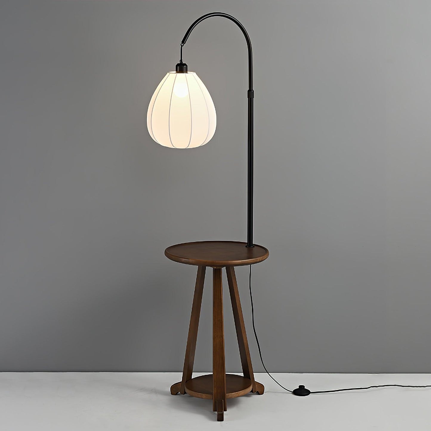 Arc Side Table Floor Lamp with LED Shade - Black Metal & Wood