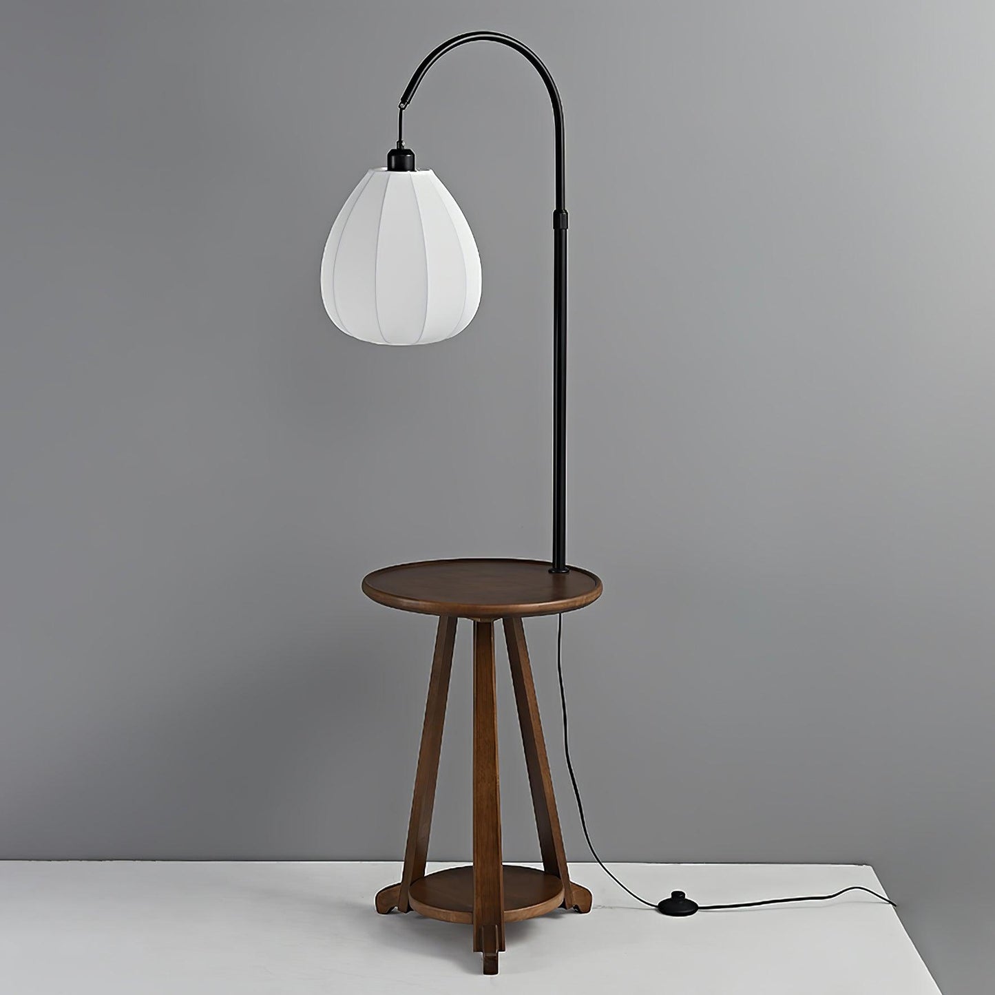Arc Side Table Floor Lamp with LED Shade - Black Metal & Wood