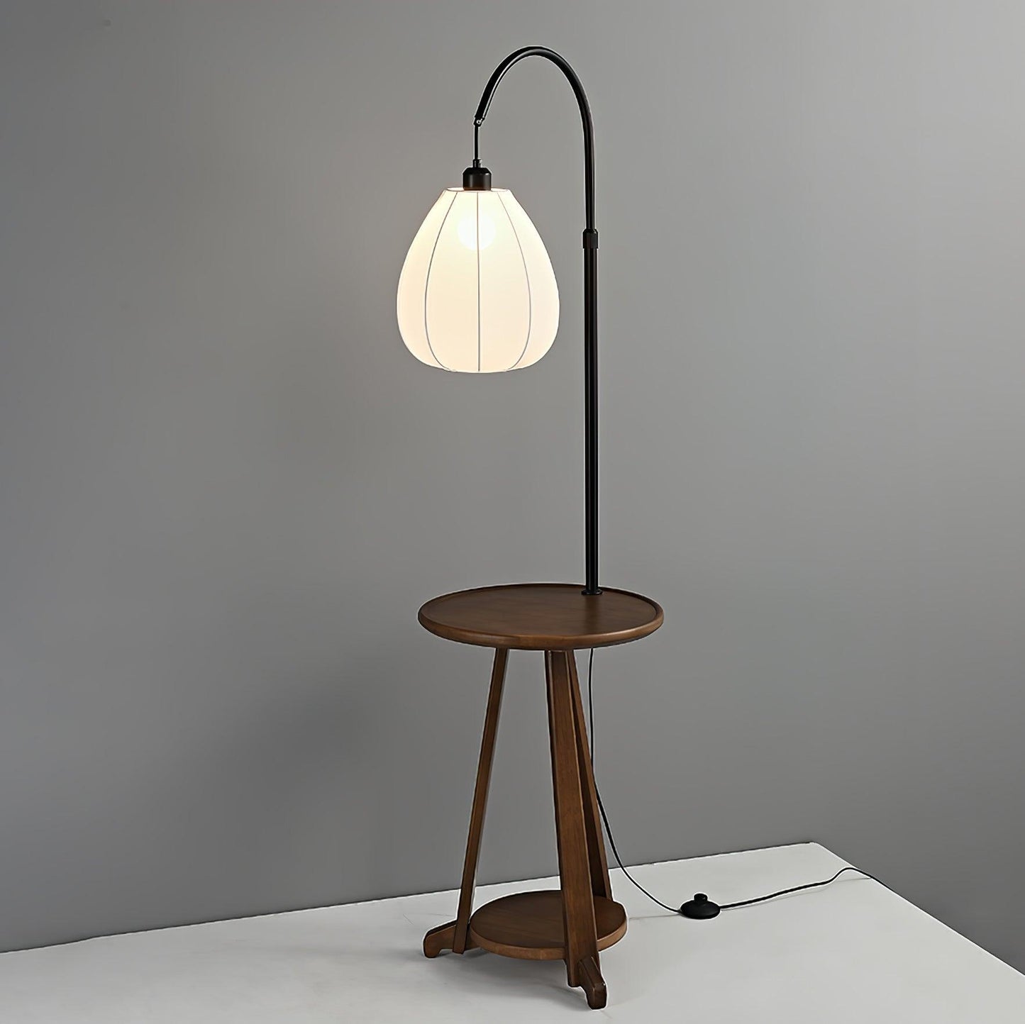 Arc Side Table Floor Lamp with LED Shade - Black Metal & Wood
