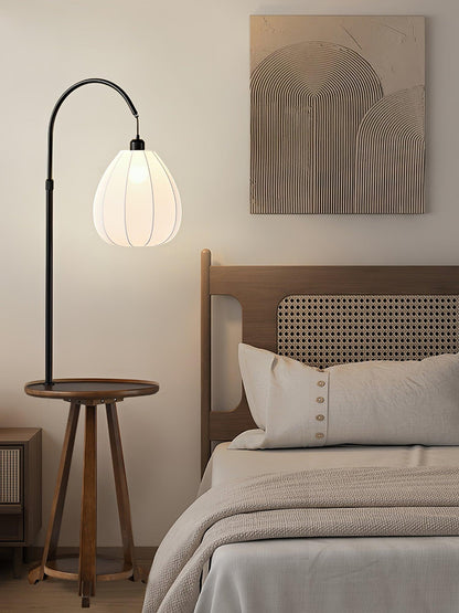 Arc Side Table Floor Lamp with LED Shade - Black Metal & Wood