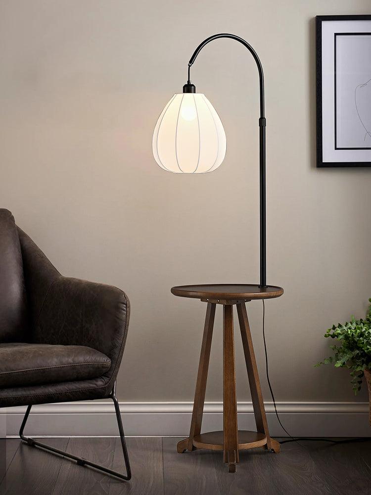 Arc Side Table Floor Lamp with LED Shade - Black Metal & Wood