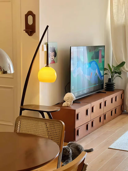 Arc Sphere Floor Lamp with Wooden Arc and Glass Globe
