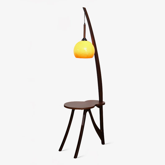 Arc Wood Hanging Floor Lamp with Amber Glass Shade