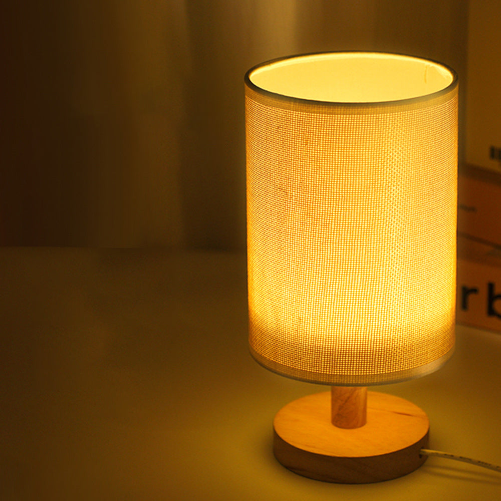 Modern Art Deco Cylindrical Wood Base Fabric Shade LED Table Lamp for Bedroom