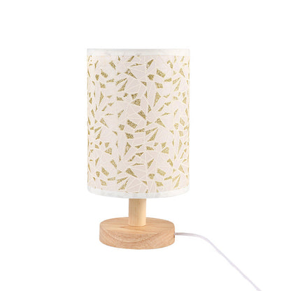 Modern Art Deco Cylindrical Wood Base Fabric Shade LED Table Lamp for Bedroom