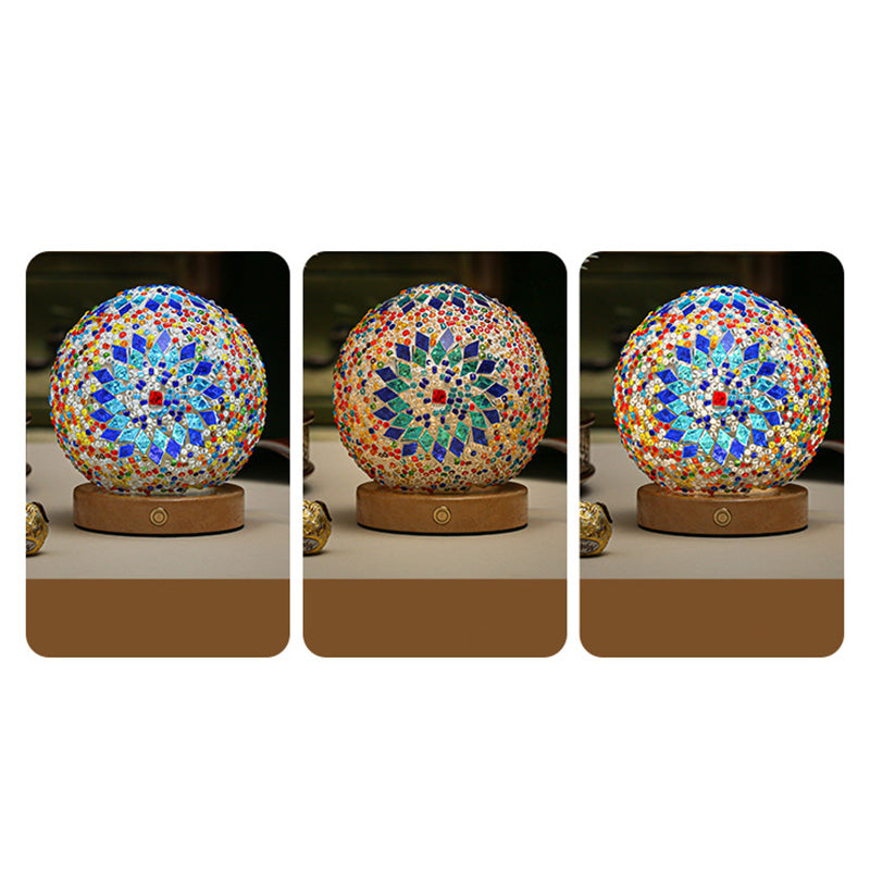 Contemporary Creative Bohemian Wooden Base Colourful Glass Ball USB LED Desk Lamp for Bedroom