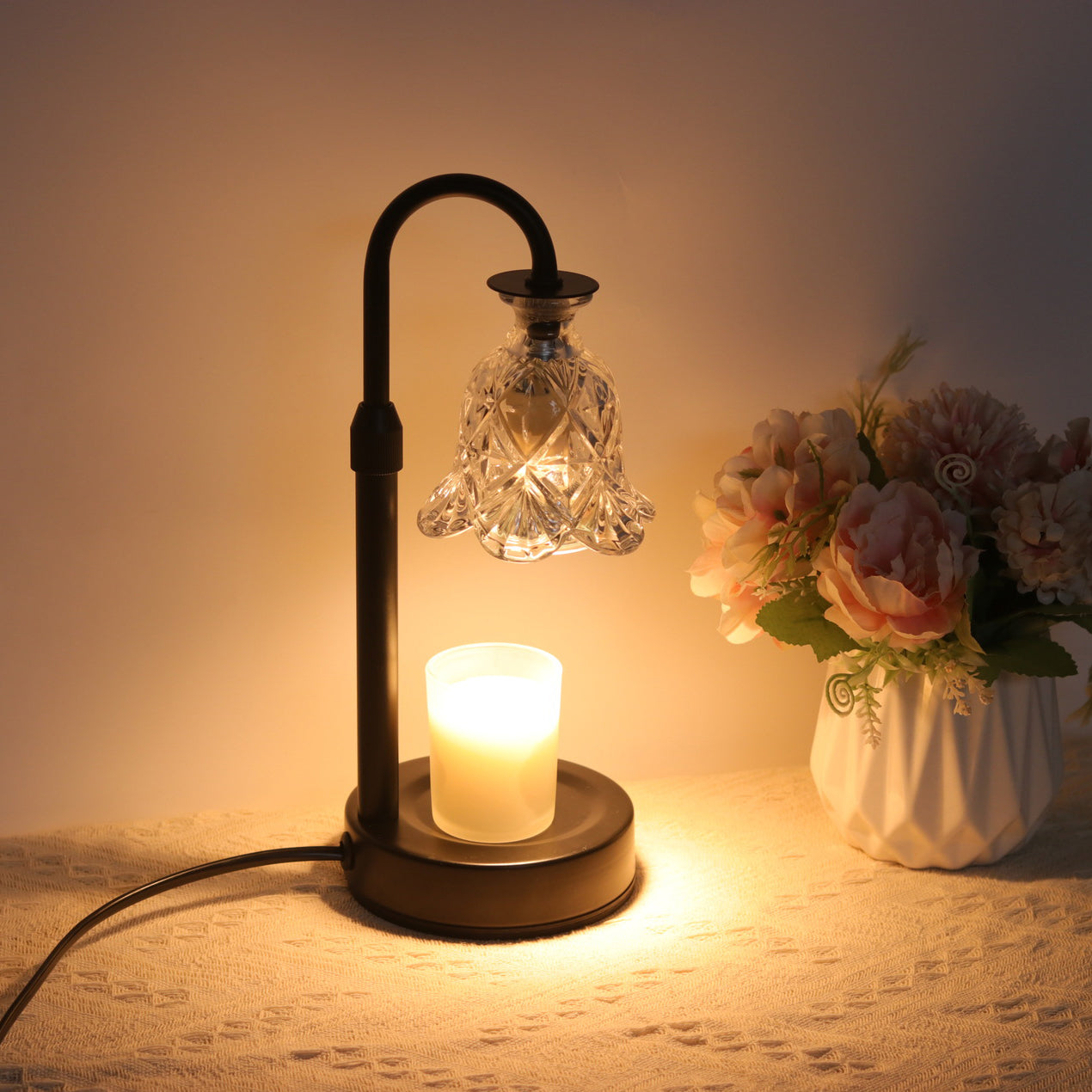 Contemporary Scandinavian Floral Disc Base Iron Wood Glass 1-Light Table Lamp for Bedroom