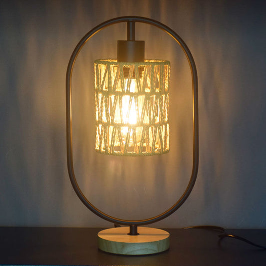 Traditional Vintage Hemp Rope Weaving Cage Wood Base 1-Light Table Lamp for Bedroom