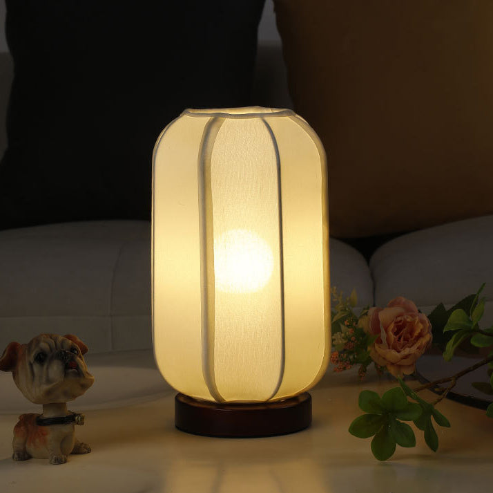 Traditional Chinese Fabric Cylinder Shade Wooden Base 1-Light Table Lamp for Bedroom