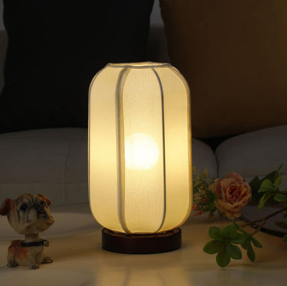 Traditional Chinese Fabric Cylinder Shade Wooden Base 1-Light Table Lamp for Bedroom