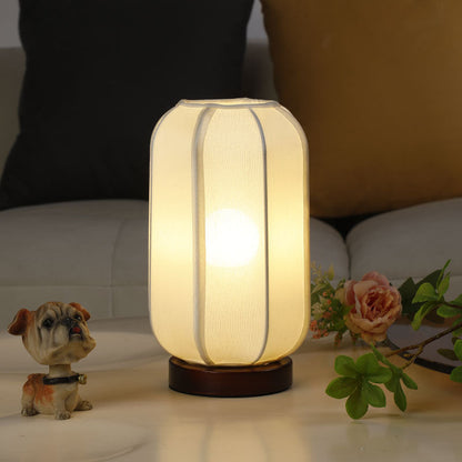 Traditional Chinese Fabric Cylinder Shade Wooden Base 1-Light Table Lamp for Bedroom