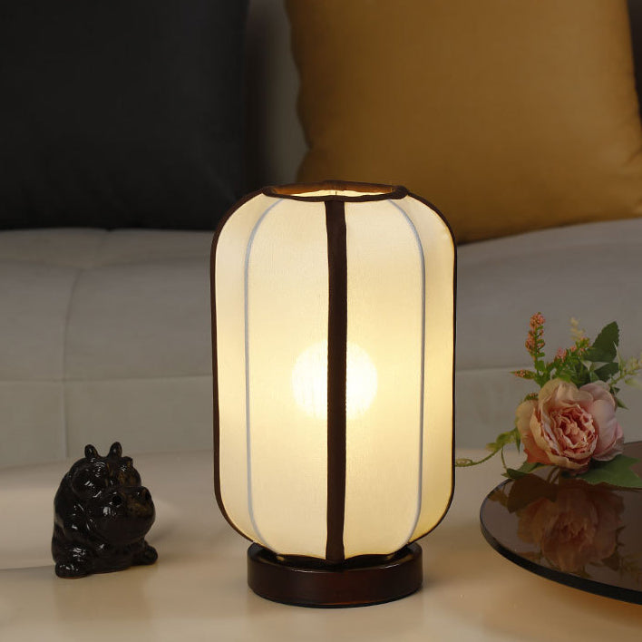 Traditional Chinese Fabric Cylinder Shade Wooden Base 1-Light Table Lamp for Bedroom