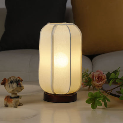 Traditional Chinese Fabric Cylinder Shade Wooden Base 1-Light Table Lamp for Bedroom
