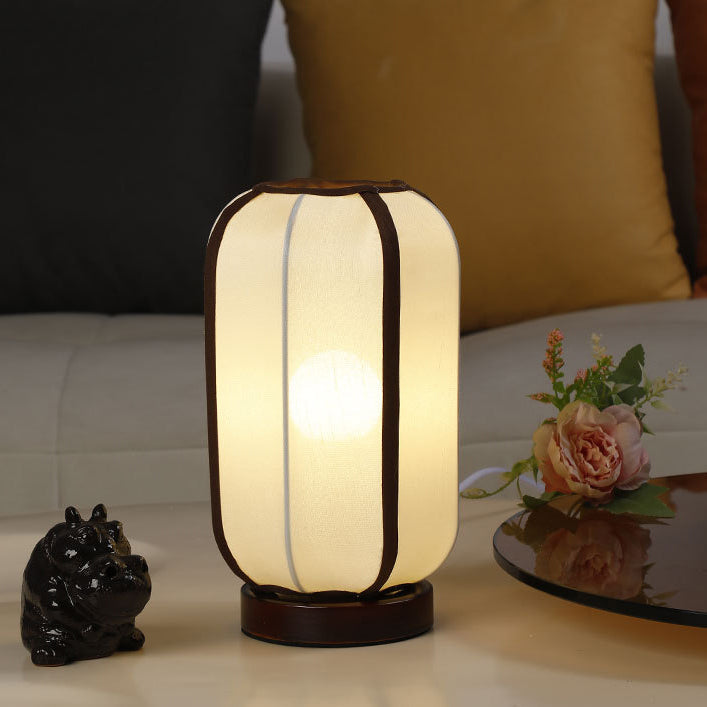 Traditional Chinese Fabric Cylinder Shade Wooden Base 1-Light Table Lamp for Bedroom