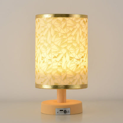 Contemporary Nordic Rechargeable PP Wood Fabric Cylinder Corn LED Table Lamp for Bedroom