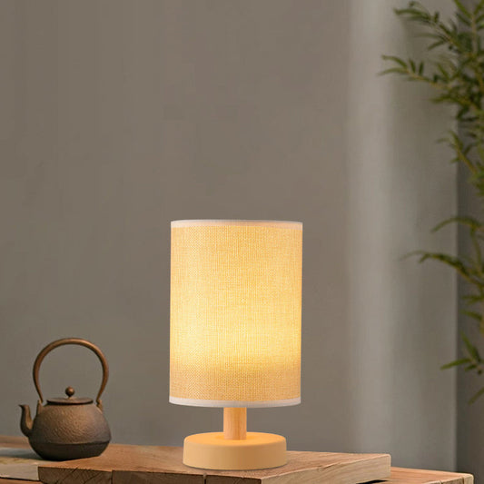 Contemporary Nordic Rechargeable PP Wood Fabric Cylinder Corn LED Table Lamp for Bedroom