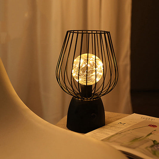 Contemporary Nordic Iron Copper Wire Cylinder Cage Battery LED Table Lamp for Bedside