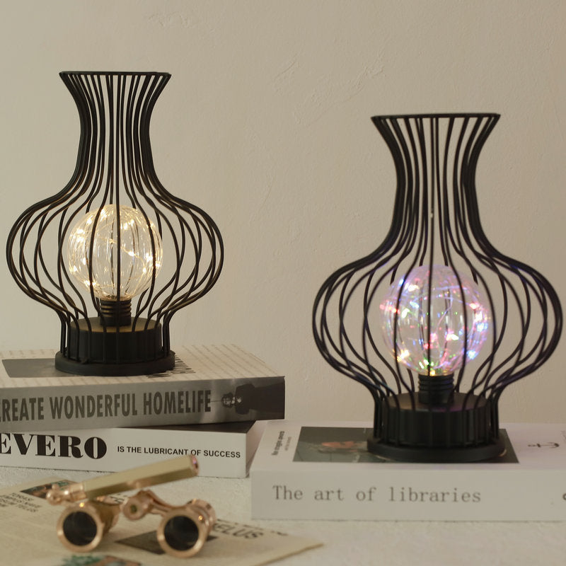 Contemporary Nordic Iron Battery Hollow Vase LED Table Lamp Night Light for Bedroom