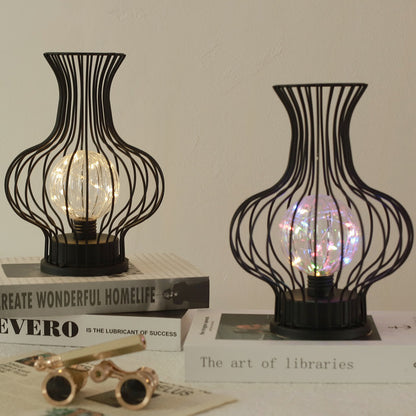 Contemporary Nordic Iron Battery Hollow Vase LED Table Lamp Night Light for Bedroom