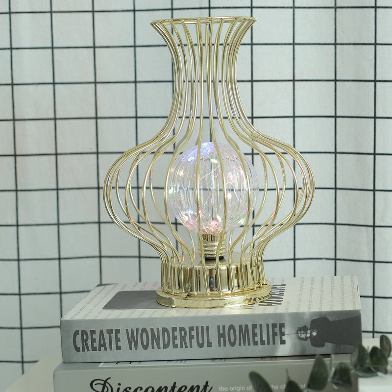 Contemporary Nordic Iron Battery Hollow Vase LED Table Lamp Night Light for Bedroom