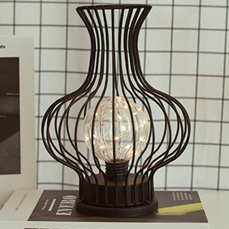 Contemporary Nordic Iron Battery Hollow Vase LED Table Lamp Night Light for Bedroom