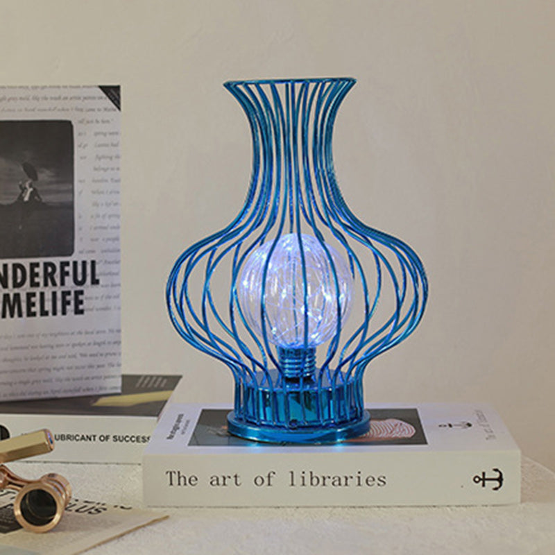 Contemporary Nordic Iron Battery Hollow Vase LED Table Lamp Night Light for Bedroom