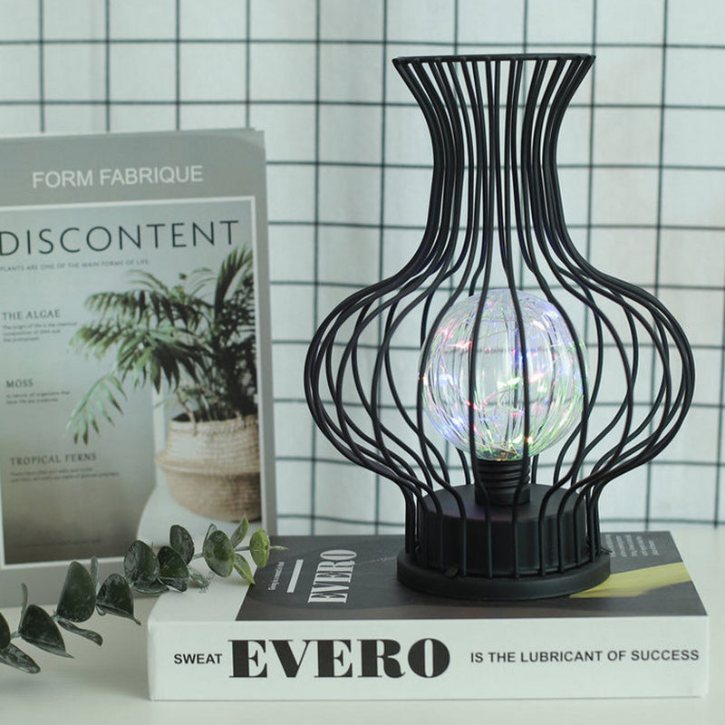 Contemporary Nordic Iron Battery Hollow Vase LED Table Lamp Night Light for Bedroom