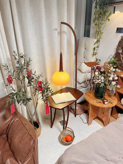 Cantilever Wood Accent Floor Lamp with Glass Shade and Table