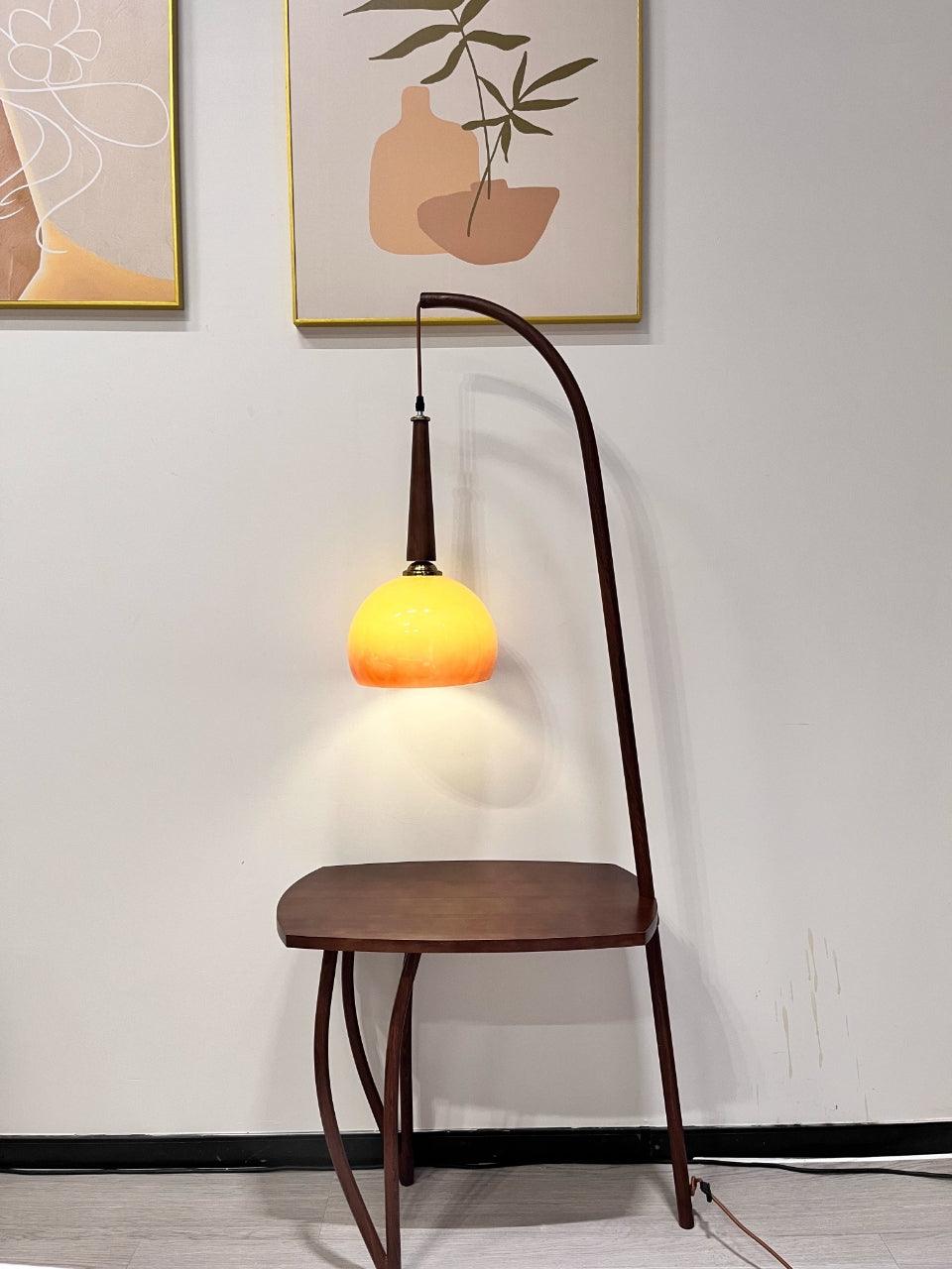 Cantilever Wood Accent Floor Lamp with Glass Shade and Table