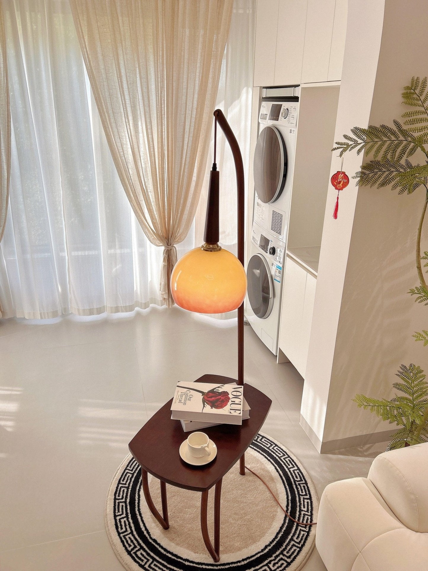 Cantilever Wood Accent Floor Lamp with Glass Shade and Table