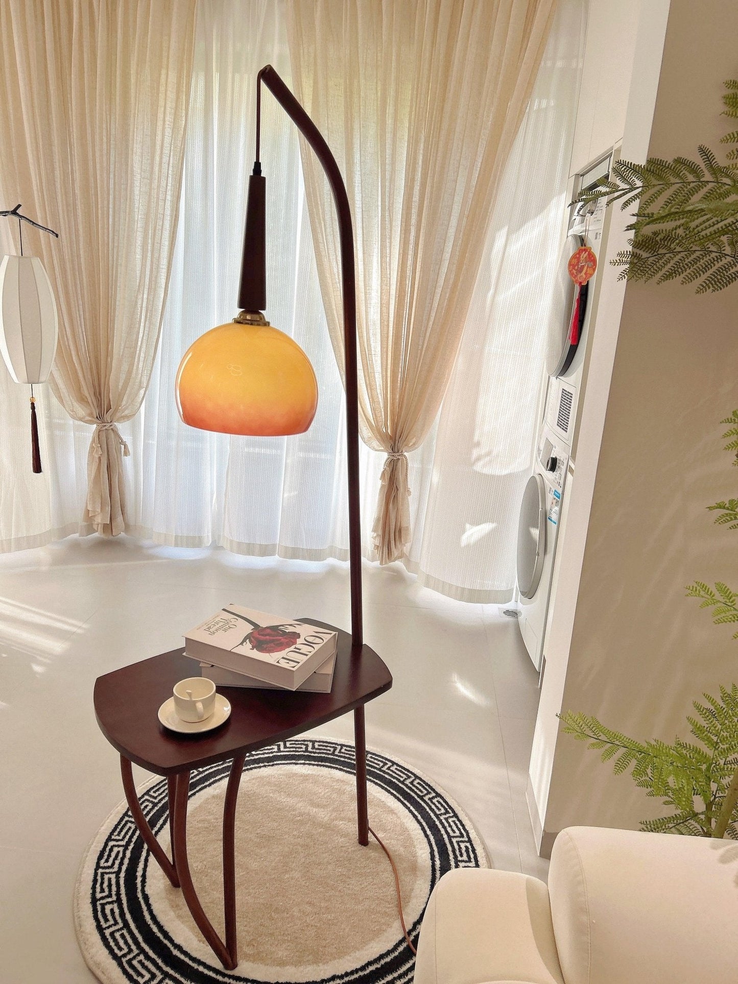 Cantilever Wood Accent Floor Lamp with Glass Shade and Table