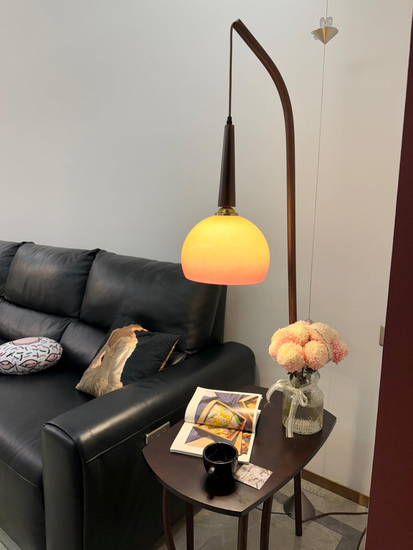 Cantilever Wood Accent Floor Lamp with Glass Shade and Table