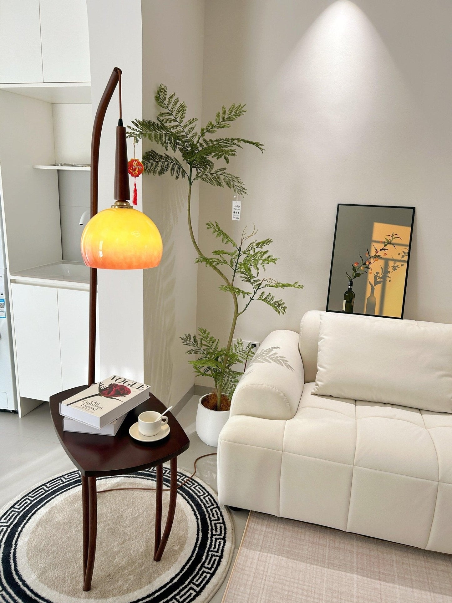 Cantilever Wood Accent Floor Lamp with Glass Shade and Table
