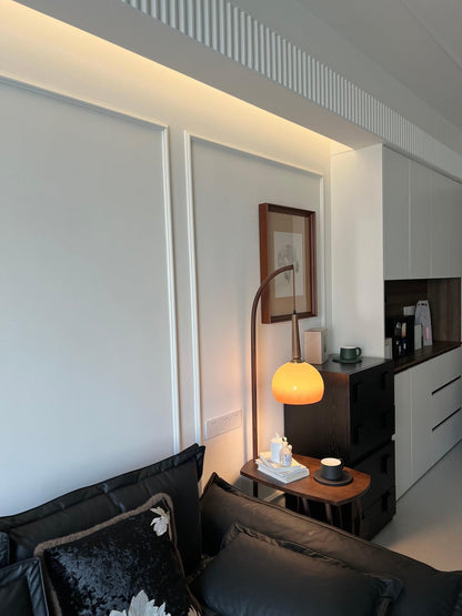 Cantilever Wood Accent Floor Lamp with Glass Shade and Table