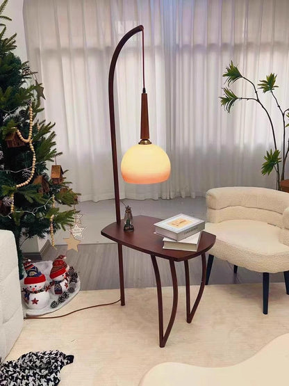 Cantilever Wood Accent Floor Lamp with Glass Shade and Table